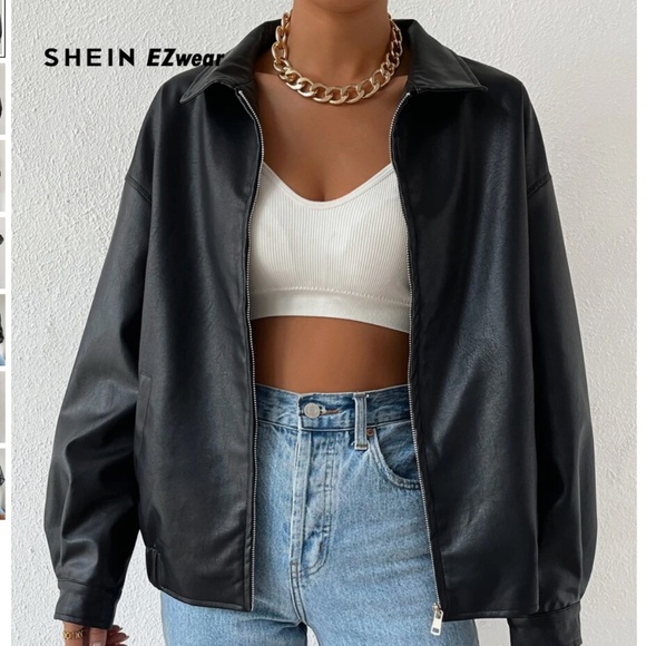 SHEIN EzWear Black Faux Leather Bomber Jacket - Picture 1 of 5